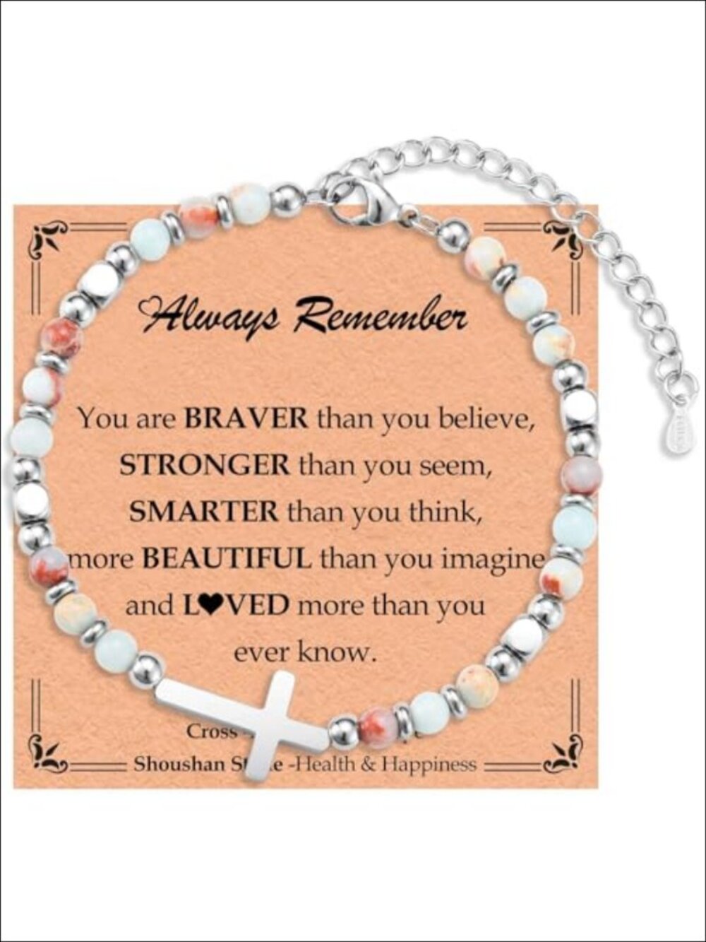 Stainless Steel Cross Link Bracelet Shoushan Stone Adjustable Religious Gift